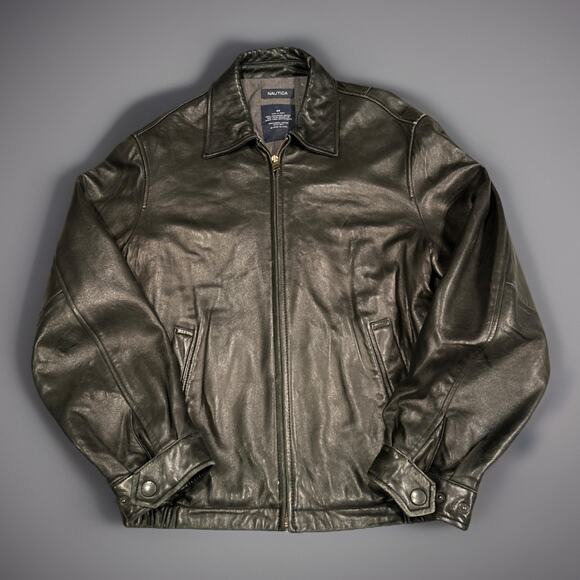 Nautica Men’s 40 Leather Jacket Black Zip Front Classic Black Leather